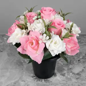 Grave Pot Artificial Pink Roses/Rosebud & White Open Roses Memorial Main Image