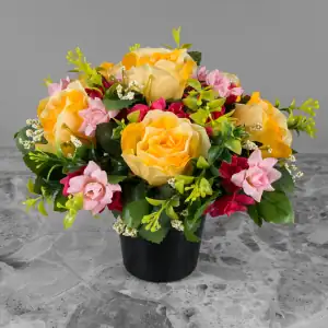 Grave Pot Artificial Silk Flowers Yellow Roses Pink Mini Roses Memorial Crem