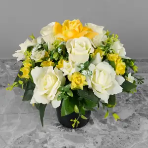 Artificial Grave Pot Yellow & Cream Roses/Rosebud/Mini-Roses Memorial Main Image