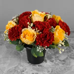 Artificial Grave Pot Flowers Yellow Roses and Red Carnations Memorial Crem