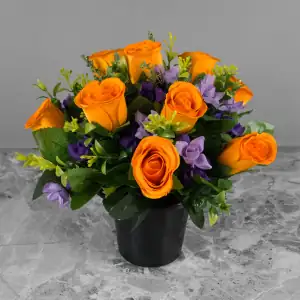 Artificial Grave Pot Flowers Orange Rosebud and Purple Mini-Roses Memorial Crem