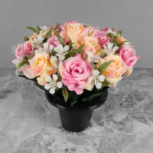 Grave Pot Artificial Silk Flowers Pink and Peach Open Roses Memorial Crem