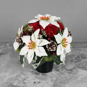 Grave Pot Artificial Xmas Ivory Poinsettias/Red Carnations & Small Cones Main Image