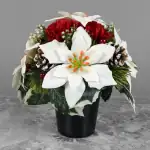 Grave Pot Artificial Xmas Ivory Poinsettias/Red Carnations & Small Cones Thumbnail