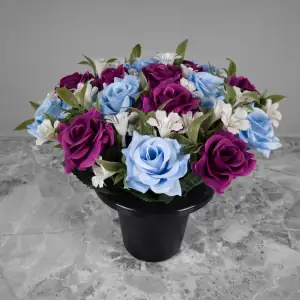 Grave Pot Artificial Flowers Light Blue and Purple Open Roses Memorial Crem