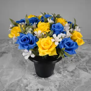 Grave Pot Artificial Silk Flowers Blue and Yellow Open Roses Memorial Crem