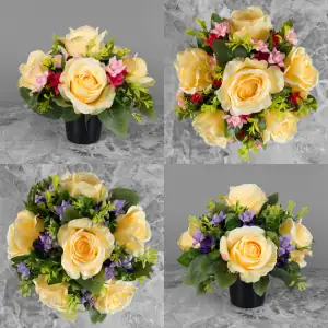 Grave Pot Artificial Large Yellow Roses and Purple/Pink Mini-Roses Main Image