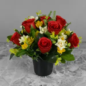 Artificial Grave Pot Flowers Red Rosebud and Yellow Mini-Roses Memorial Crem