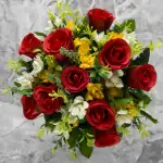 Artificial Grave Pot Red Rosebud and Yellow Mini-Roses Memorial Thumbnail