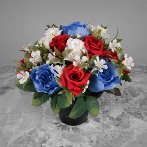 Artificial Grave Pot Flowers Blue Roses & Red/White Open Rose British Union Jack