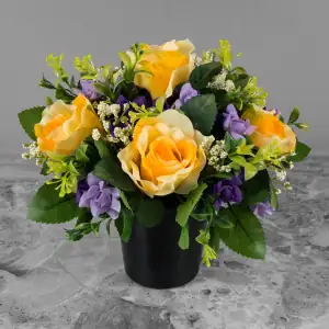 Grave Pot Artificial Silk Flowers Yellow Roses Purple Mini Roses Memorial Crem