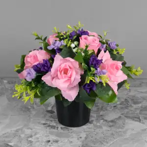 Artificial Flowers for Graves Pink Rose/Rosebud & Purple Mini-Roses in Grave Pot