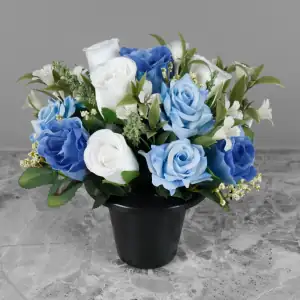 Artificial Grave Pot Light Blue Open Roses White Rosebud and Blue Roses Main Image