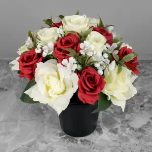 Artificial Grave Pot Red Open Roses & Cream Roses/Rosebud Memorial Main Image
