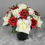 Artificial Grave Pot Red Open Roses & Cream Roses/Rosebud Memorial Thumbnail
