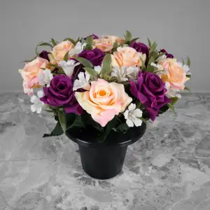 Grave Pot Artificial Silk Flowers Peach and Purple Open Roses Memorial Crem