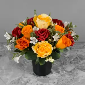 Artificial Grave Pot Flowers Autumn Orange Rosebud Red Open Roses & Yellow Roses