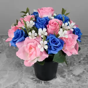Grave Pot Artificial Pink Roses/Rosebud & Blue Open Roses Memorial Main Image