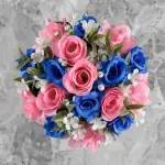 Grave Pot Artificial Pink Roses/Rosebud & Blue Open Roses Memorial Thumbnail