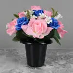 Grave Pot Artificial Pink Roses/Rosebud & Blue Open Roses Memorial Thumbnail