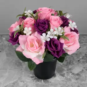 Grave Pot Artificial Pink Roses/Rosebud & Purple Open Roses Main Image