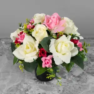 Artificial Grave Pot Pink & Cream Roses/Rosebud/Mini-Roses Memorial Main Image