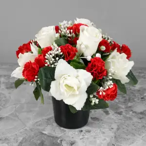 Grave Pot Artificial Silk Flowers Red Mini Carnations Ivory White Roses/Rosebud