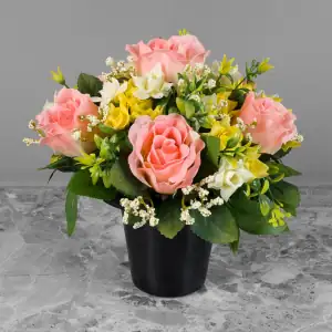 Grave Pot Artificial Pink Roses Yellow Mini Roses Memorial Main Image