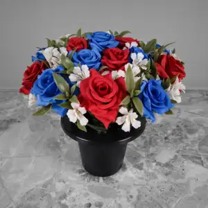 Grave Pot Artificial Flowers Red & Blue Open Roses with White Plastic Gyp Crem