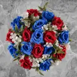 Grave Pot Artificial Red & Blue Open Roses with White Plastic Gyp Thumbnail