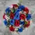 Grave Pot Artificial Flowers Red & Blue Open Roses with White Plastic Gyp Crem