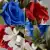 Grave Pot Artificial Flowers Red & Blue Open Roses with White Plastic Gyp Crem